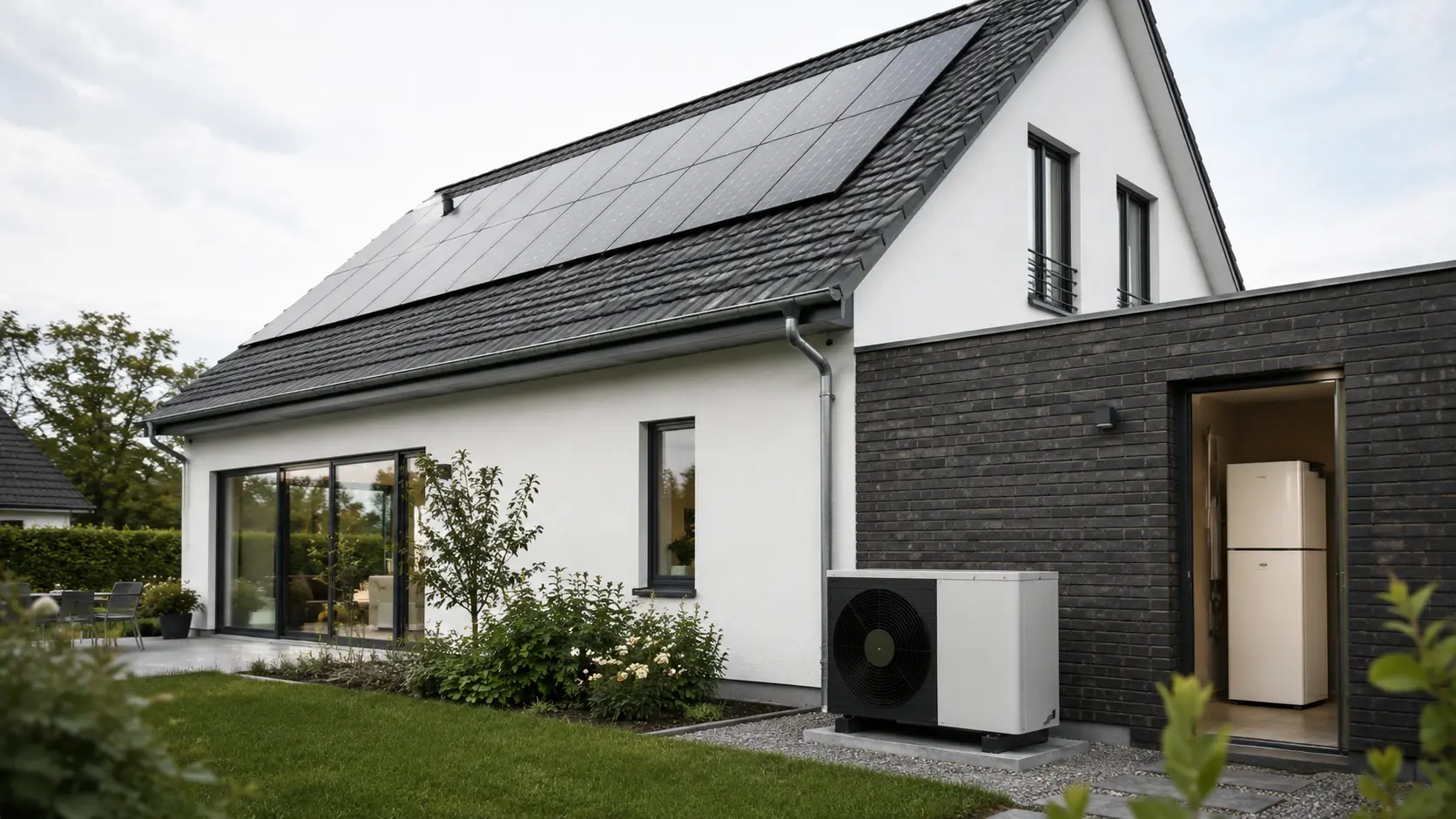 Modernes Wohnhaus mit Photovoltaikanlage, Wärmepumpe und Stromspeicher
