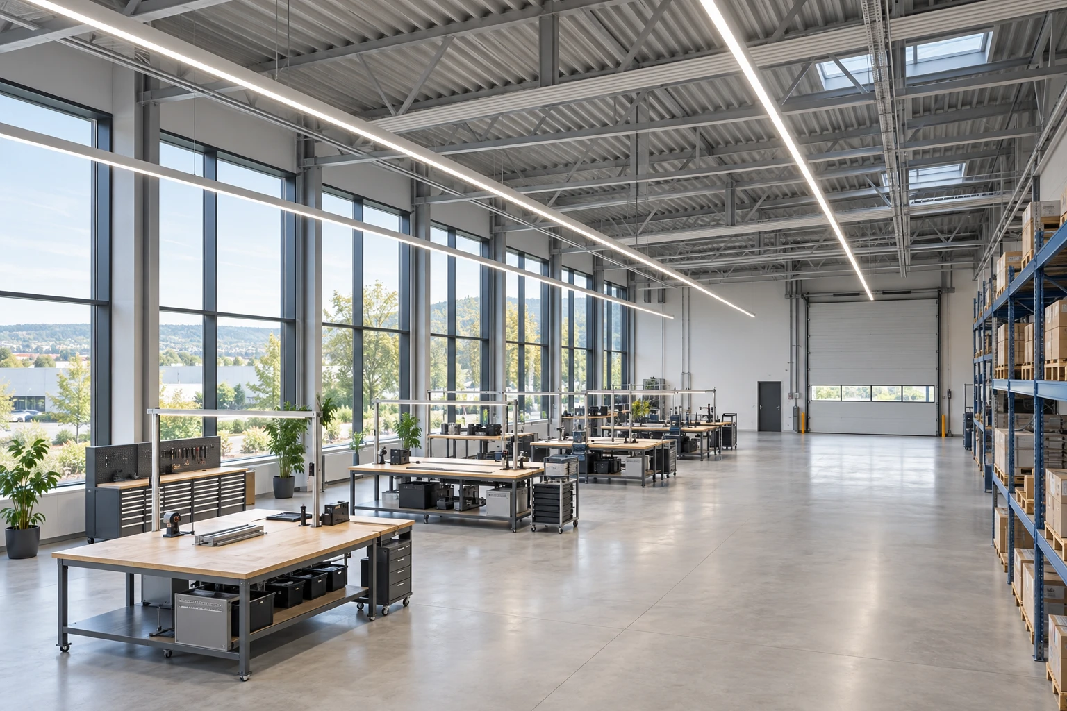 Helle Gewerbehalle mit modernen LED-Lichtbändern und beleuchteten Arbeitsplätzen